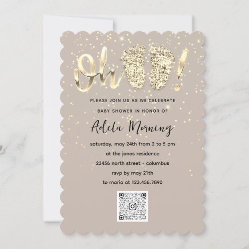 Gold Glitter Confetti Feet Baby Girl QR CODE Ivory Invitation