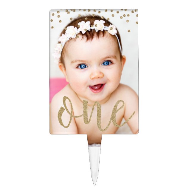 Gold Glitter Confetti First Birthday Cake Topper (Front)