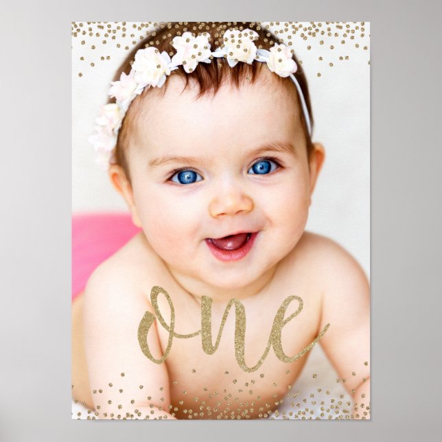 Gold Glitter Confetti First Birthday Poster (Front)