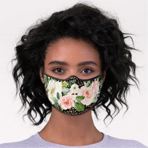 Gold Glitter Confetti Floral Garden Black Premium Face Mask