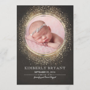 Gold Glitter Confetti Foil Frame Baby Girl Birth Announcement