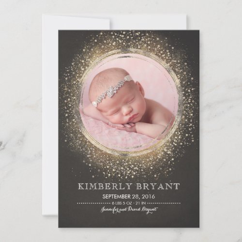 Gold Glitter Confetti Foil Frame Baby Girl Birth Announcement