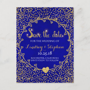 Gold Glitter Confetti Glam Cobalt Save the Date Announcement Postcard