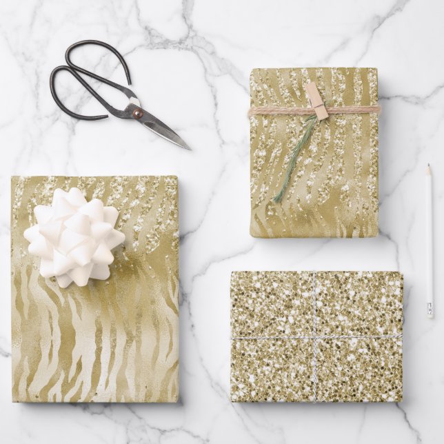 Gold Glitter Confetti Glitzy Zebra Print        Wrapping Paper Sheets (Front)