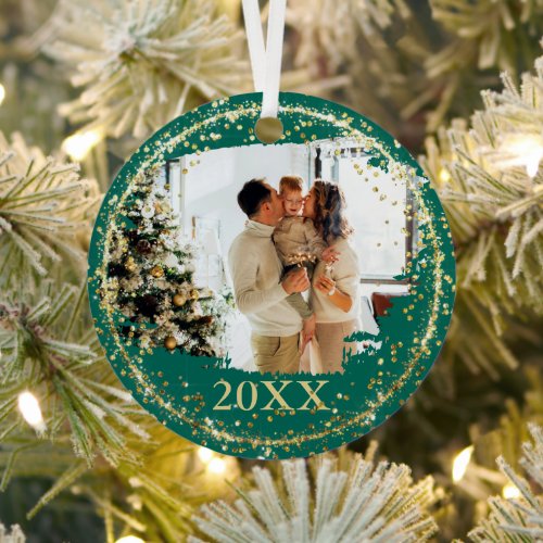 Gold Glitter Confetti Green Family Photo Christmas Metal Ornament