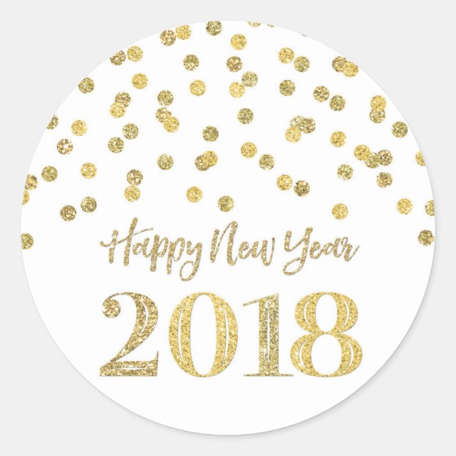 Gold Glitter Confetti Happy New Year 2018 Classic Round Sticker (Front)