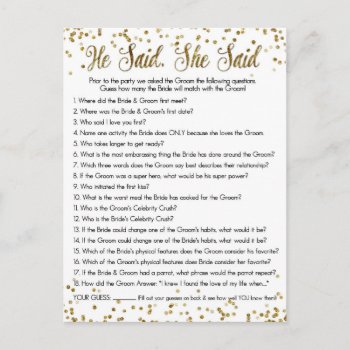 Gold Glitter Confetti He Said She Said Shower Game Postcard by weddingsnwhimsy at Zazzle