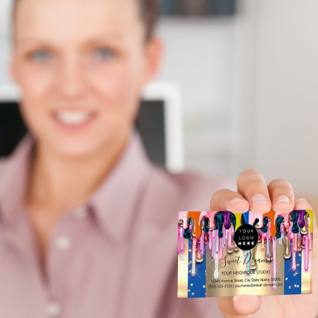 Gold Glitter Confetti Holograph Drips Frame   Business Card (Creator Uploaded)