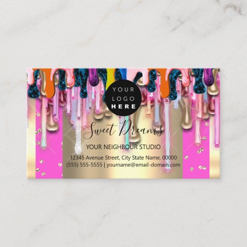 Gold Glitter Confetti Holograph Pink Drip Frame Business Card