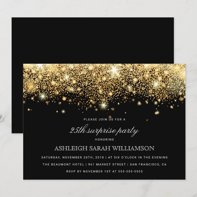 Gold Glitter Confetti & Lights | Surprise Party Invitation (Front/Back)