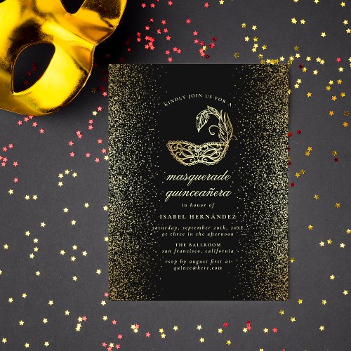 Gold Glitter Confetti Masquerade Quinceaera Invitation Postcard