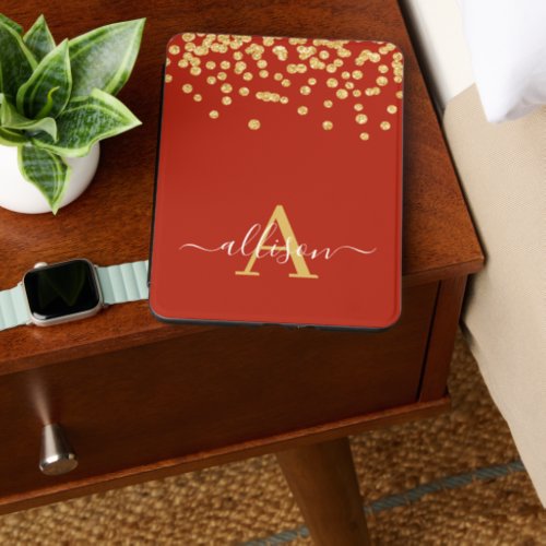 Gold Glitter Confetti Monogram & Script Red Kindle Cover