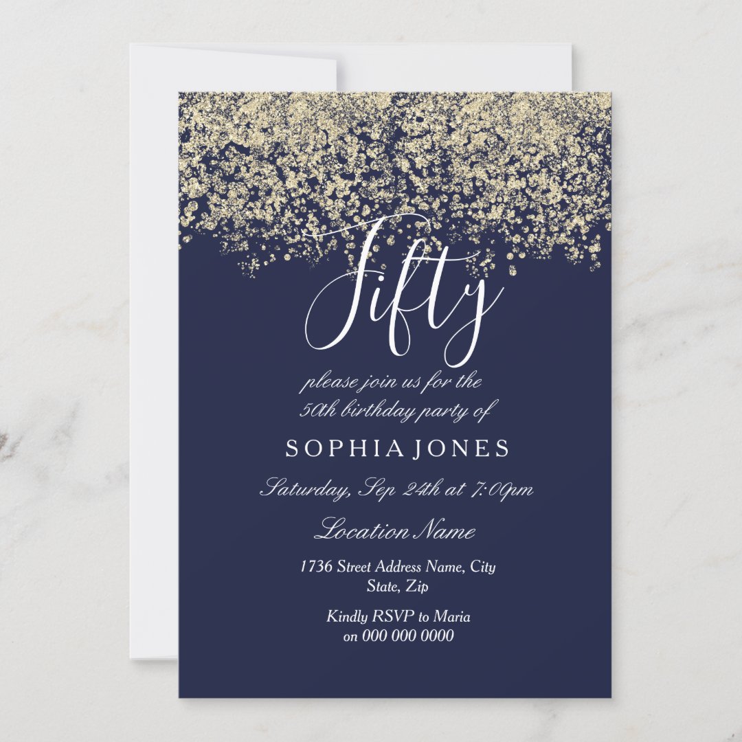 Gold Glitter Confetti Navy 50th birthday Invite | Zazzle