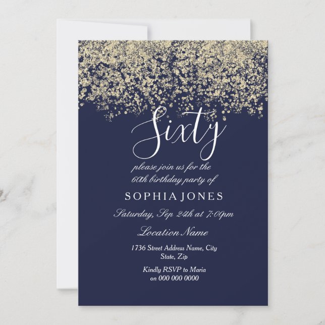 Gold Glitter Confetti Navy 60th birthday Invite (Front)