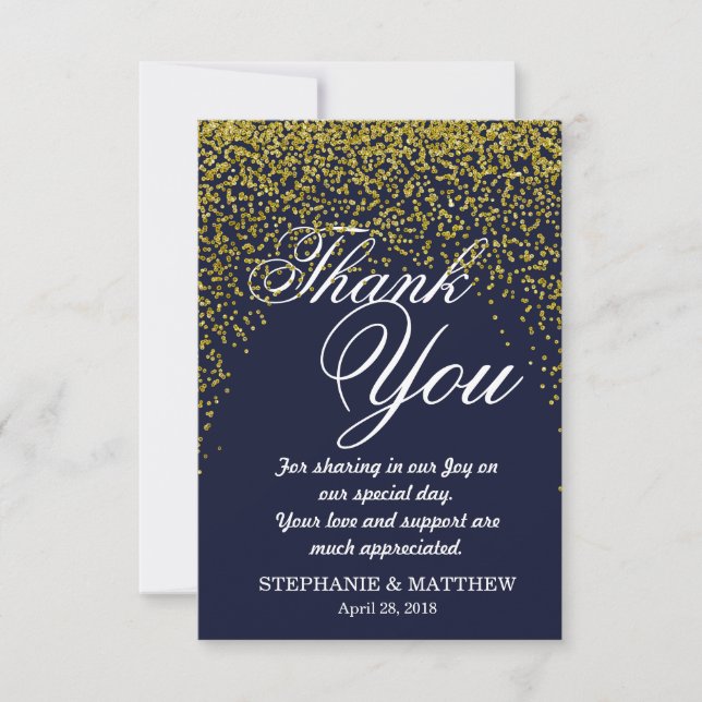 Gold Glitter Confetti Navy Blue Thank You Cards (Front)