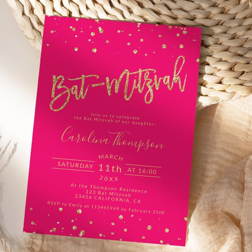 Gold glitter confetti neon pink Bat Mitzvah photo Invitation