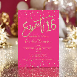 Gold glitter confetti neon pink Sweet 16 photo Invitation