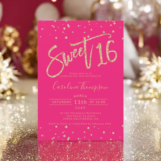 Gold glitter confetti neon pink Sweet 16 photo Invitation (Gold glitter confetti neon pink Sweet 16 photo Invitation)