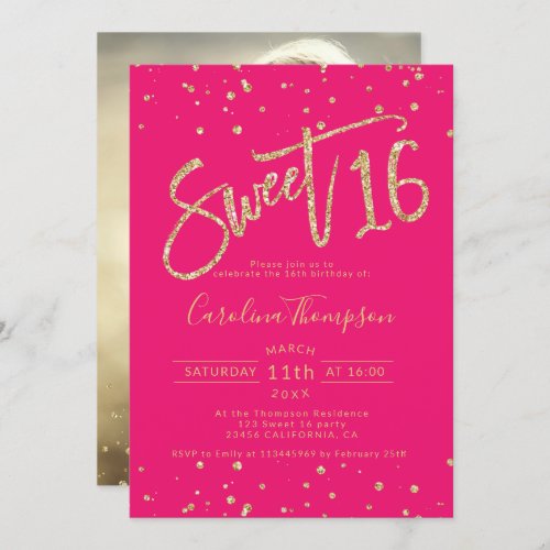 Gold glitter confetti neon pink Sweet 16 photo Invitation