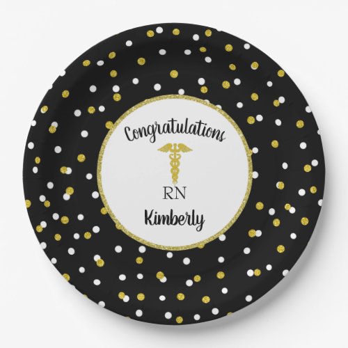 Gold glitter confetti nurse graduation party decor paper plates