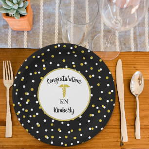 Gold glitter confetti nurse graduation party decor paper plates