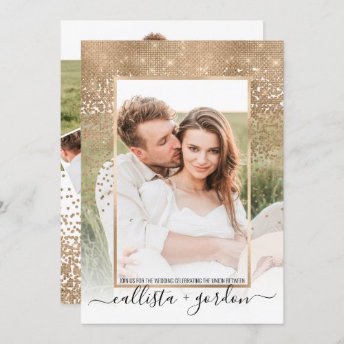 Gold Glitter Confetti Ombre Photo Collage Wedding Invitation