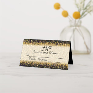 Gold Glitter Confetti on black Background Place Card