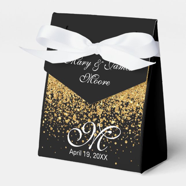Gold Glitter Confetti on Black Favor Boxes (Front Side)