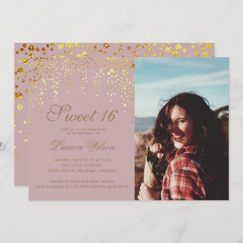 gold glitter confetti on blush sweet sixteen Photo Invitation