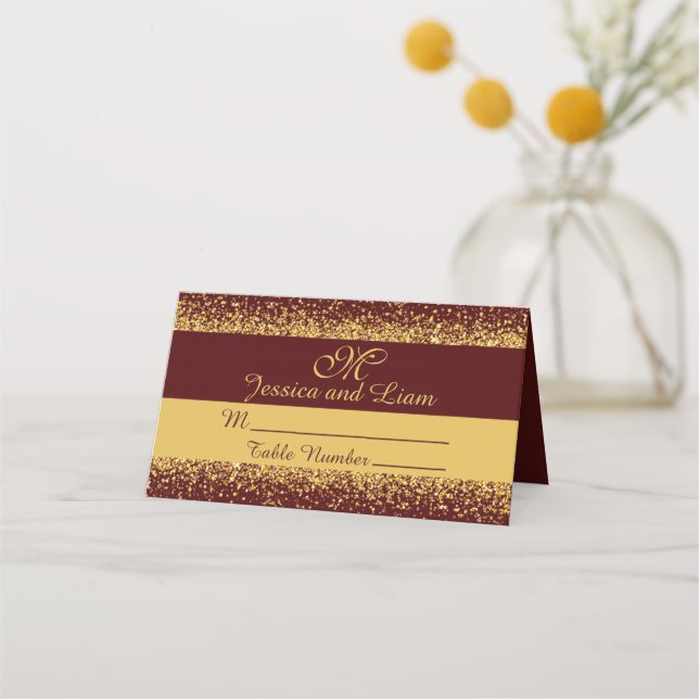 Gold Glitter Confetti on Burgundy Place Card (Front)