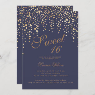 gold glitter confetti on lavender sweet sixteen invitation