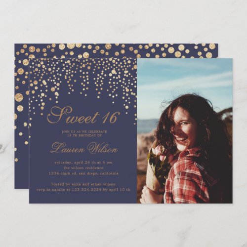 gold glitter confetti on plum sweet sixteen Photo Invitation