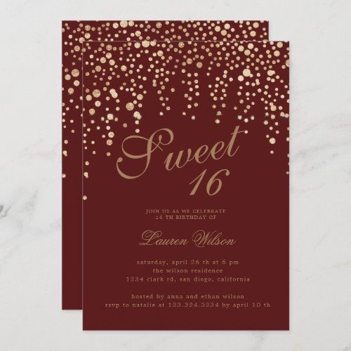 gold glitter confetti on red sweet sixteen invitation