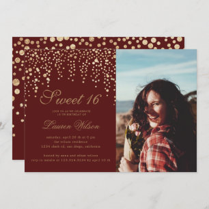 gold glitter confetti on red sweet sixteen Photo Invitation