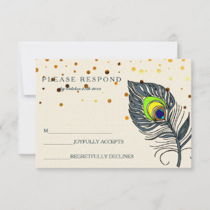 Gold Glitter Confetti Peacock Feather Blue RSVP