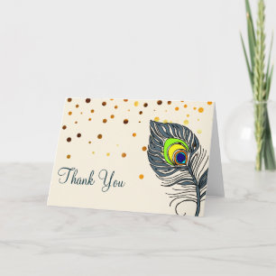Gold Glitter Confetti Peacock Feather Thank You Card
