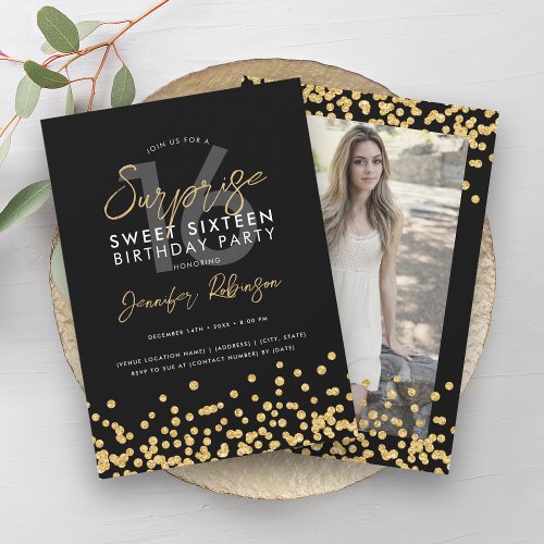 Gold Glitter Confetti Photo Surprise Sweet 16  Invitation