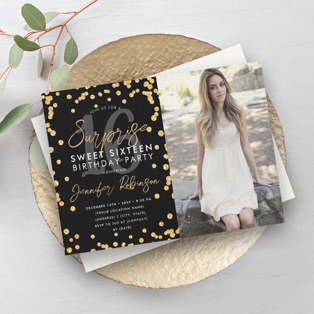 Gold Glitter Confetti Photo Surprise Sweet 16  Invitation (Gold Glitter Confetti Photo Surprise Sweet 16 Invitation)