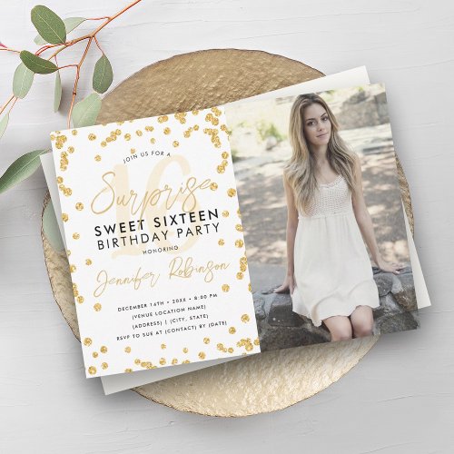 Gold Glitter Confetti Photo Surprise Sweet 16  Invitation
