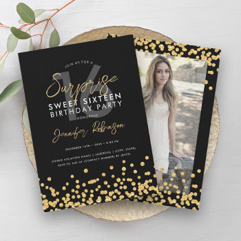 Gold Glitter Confetti Photo Surprise Sweet 16  Invitation by Rewards4life at Zazzle