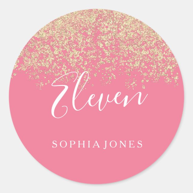 Gold Glitter Confetti Pink 11th birthday party Classic Round Sticker (Front)