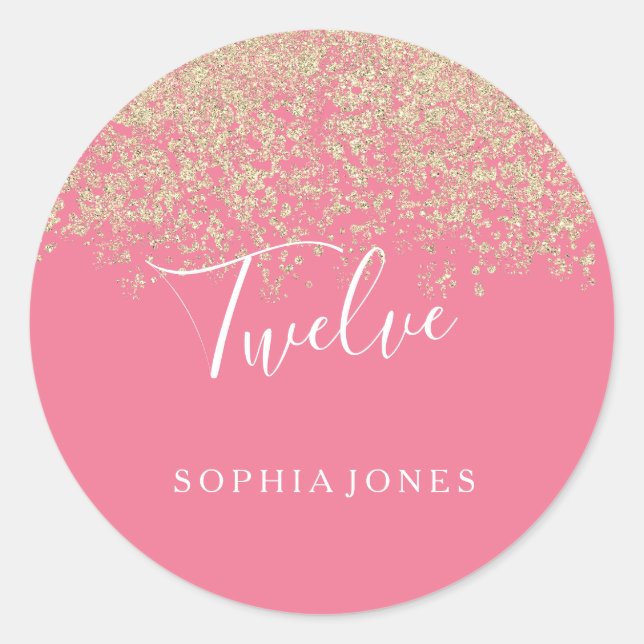 Gold Glitter Confetti Pink 12th birthday party Classic Round Sticker (Front)
