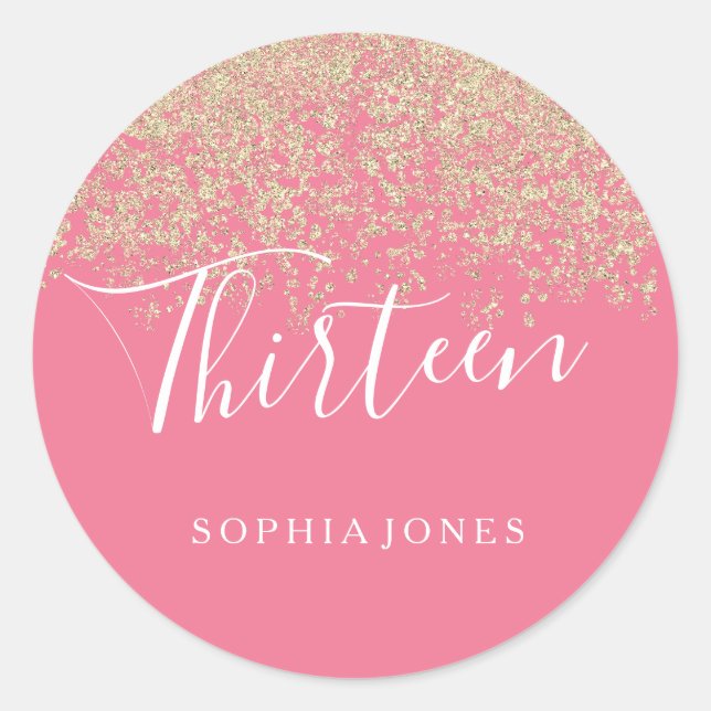 Gold Glitter Confetti Pink 13th birthday party Classic Round Sticker (Front)