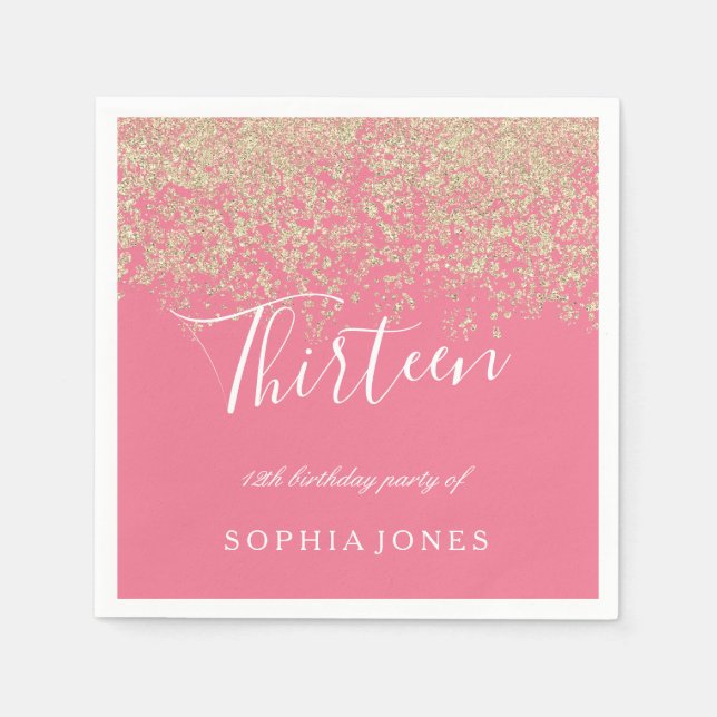 Gold Glitter Confetti Pink 13th birthday party Napkins (Front)