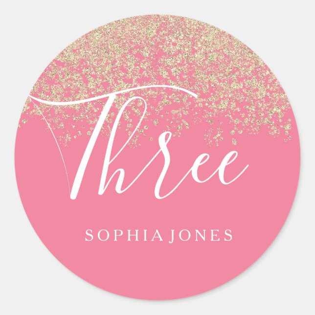 Gold Glitter Confetti Pink 3rd Birthday Party Classic Round Sticker (Front)