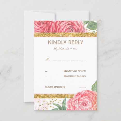 Gold Glitter Confetti Pink Floral Wedding RSVP