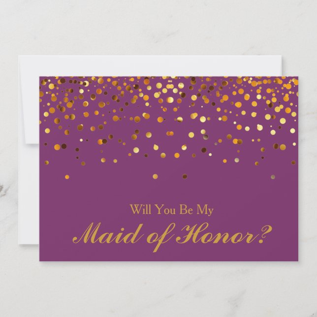 Gold Glitter Confetti Purple Maid of Honor Invitation (Front)