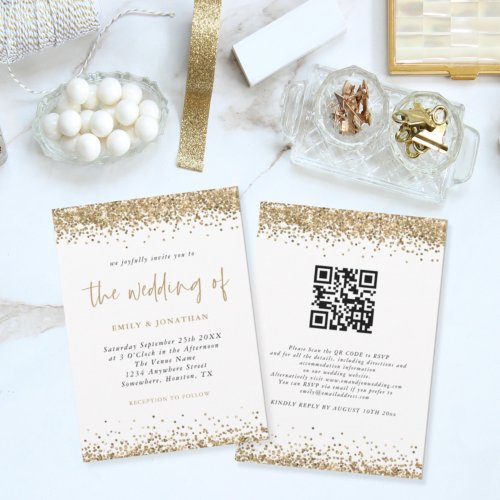 Gold Glitter Confetti QR Code Script Wedding Invitation