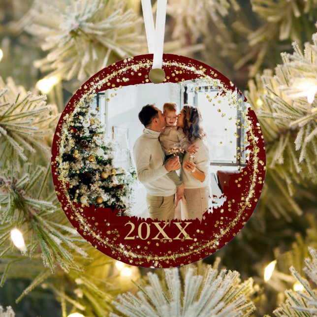 Gold Glitter Confetti Red Family Photo Christmas Metal Ornament (Insitu)