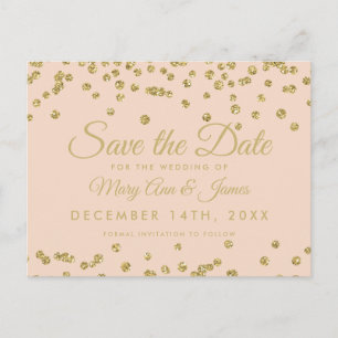 Gold Glitter Confetti Save The Date Blush Rose Announcement Postcard